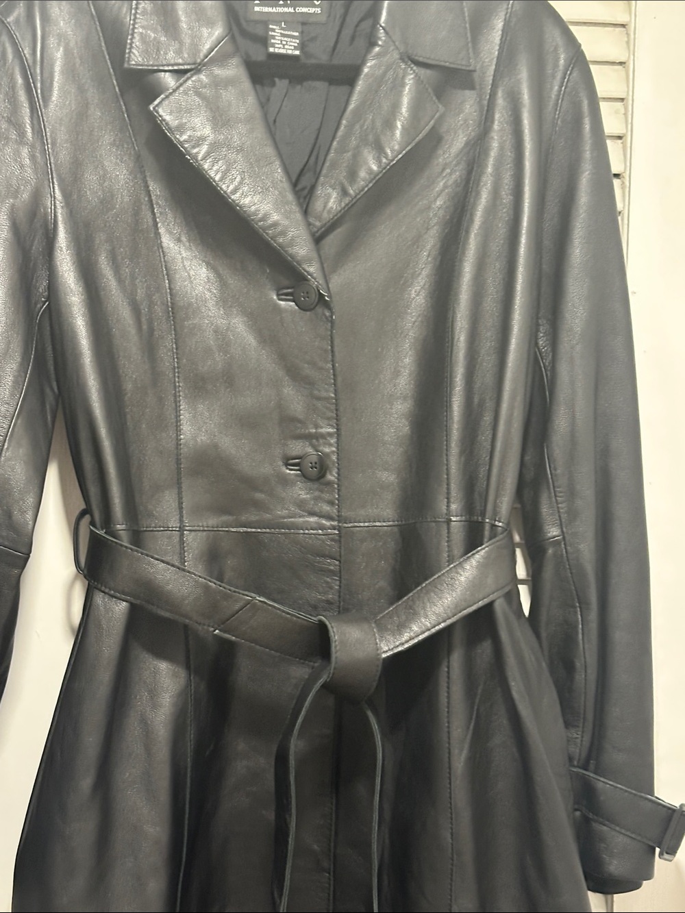 INC International Concepts Black Leather Belted Trench Coat - Picture 3 of 8
